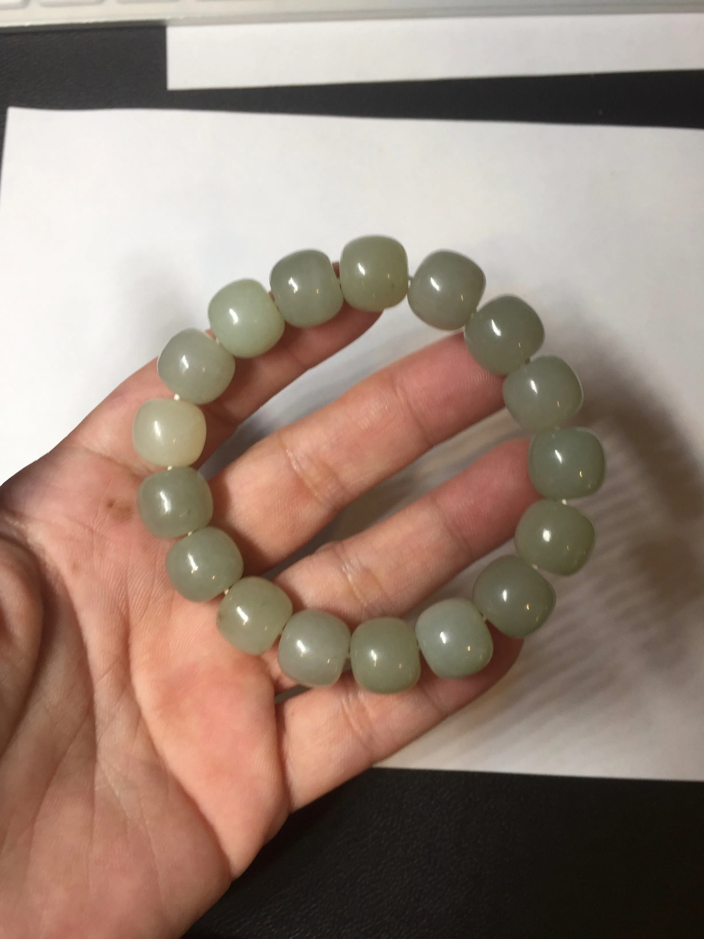 12x10.9mm 100% Natural light green/yellow vintage style nephrite Hetian Jade bead bracelet HE94