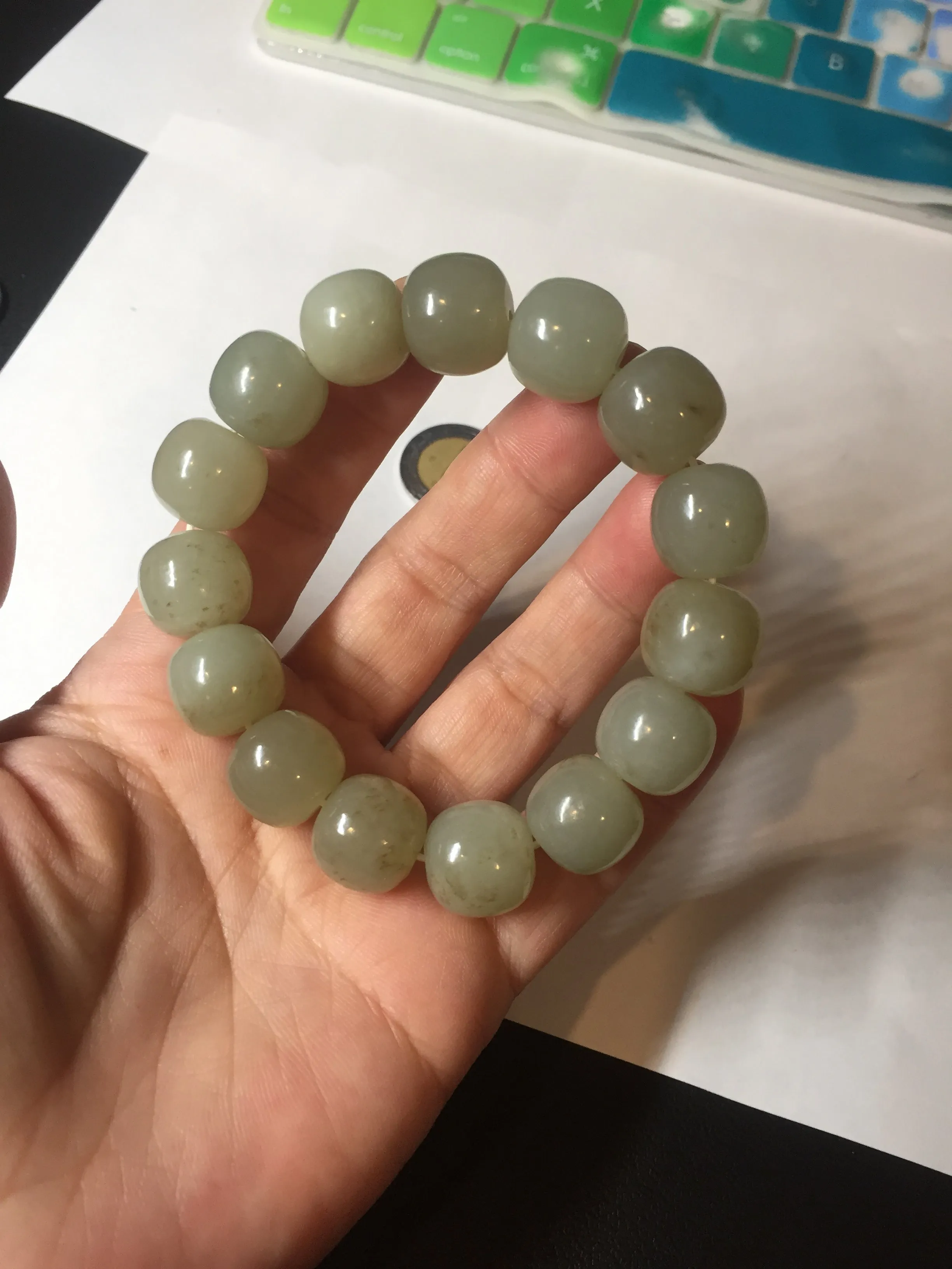14x13.2mm 100% Natural light green/brown vintage style nephrite Hetian Jade bead bracelet HE89