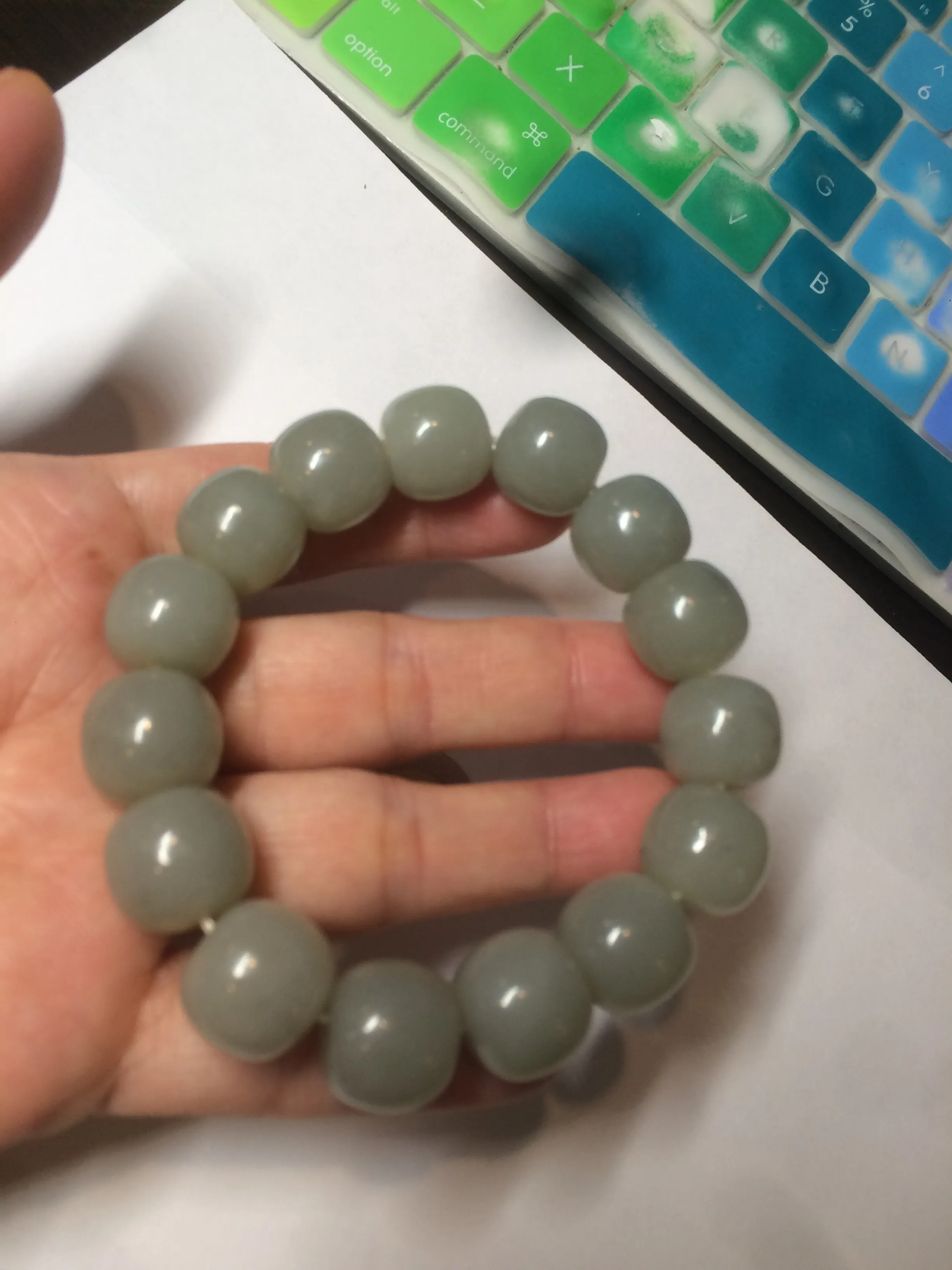 14x13mm 100% Natural light green/gray vintage style nephrite Hetian Jade bead bracelet HF28