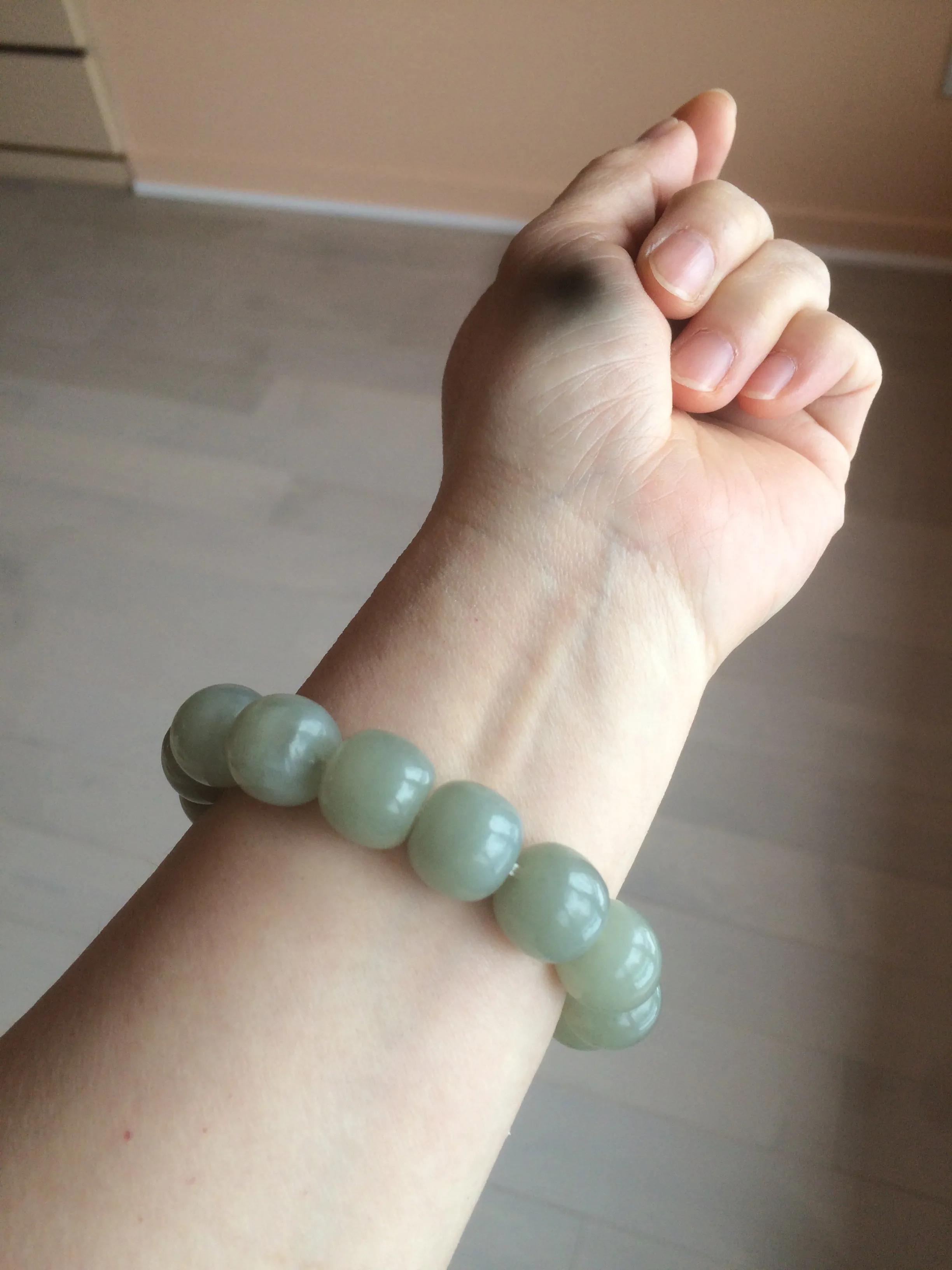 14x13mm 100% Natural light green/gray vintage style nephrite Hetian Jade bead bracelet HF28