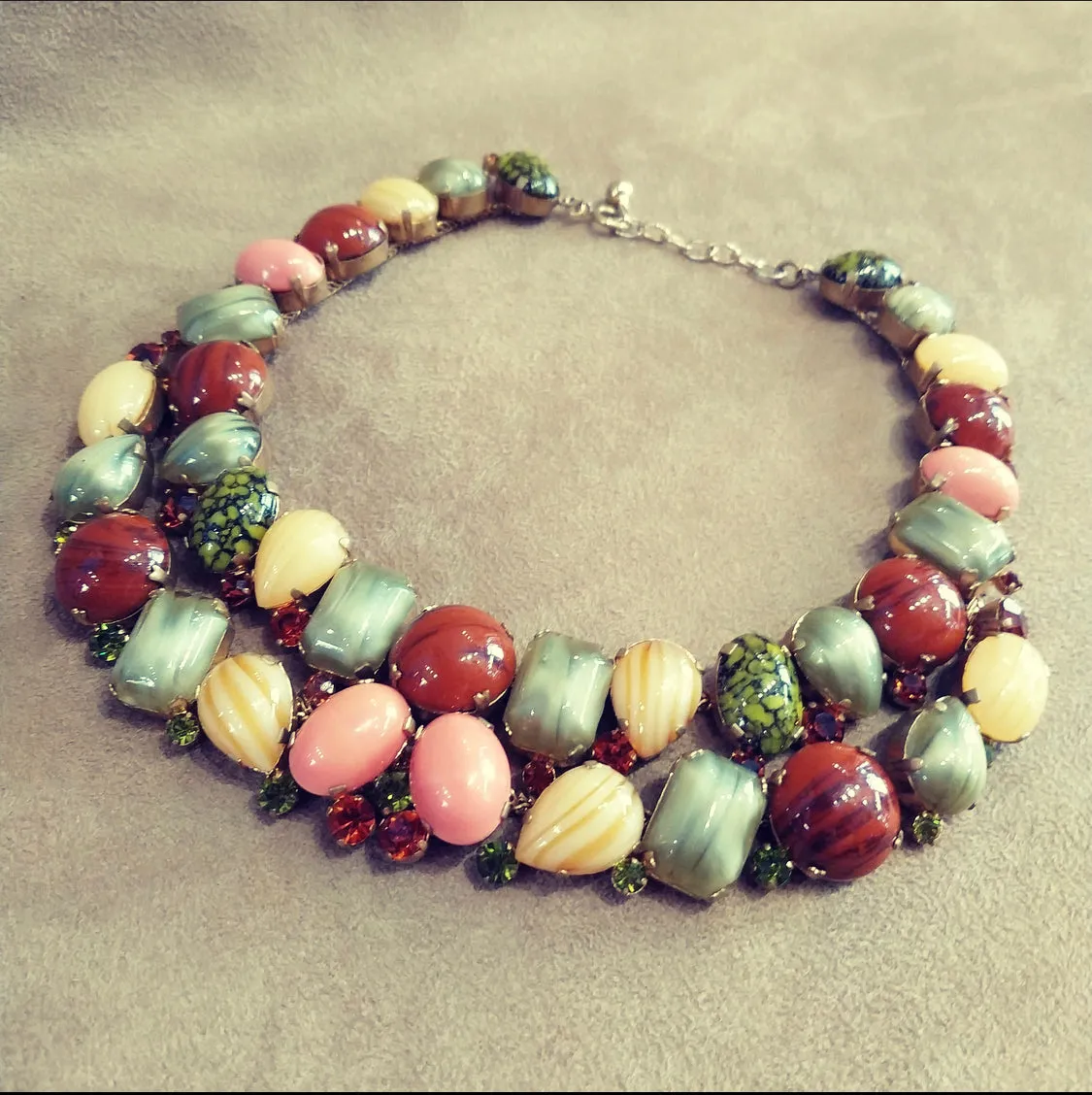 Autumnal  Vintage Glass Cabochon Statement Necklace