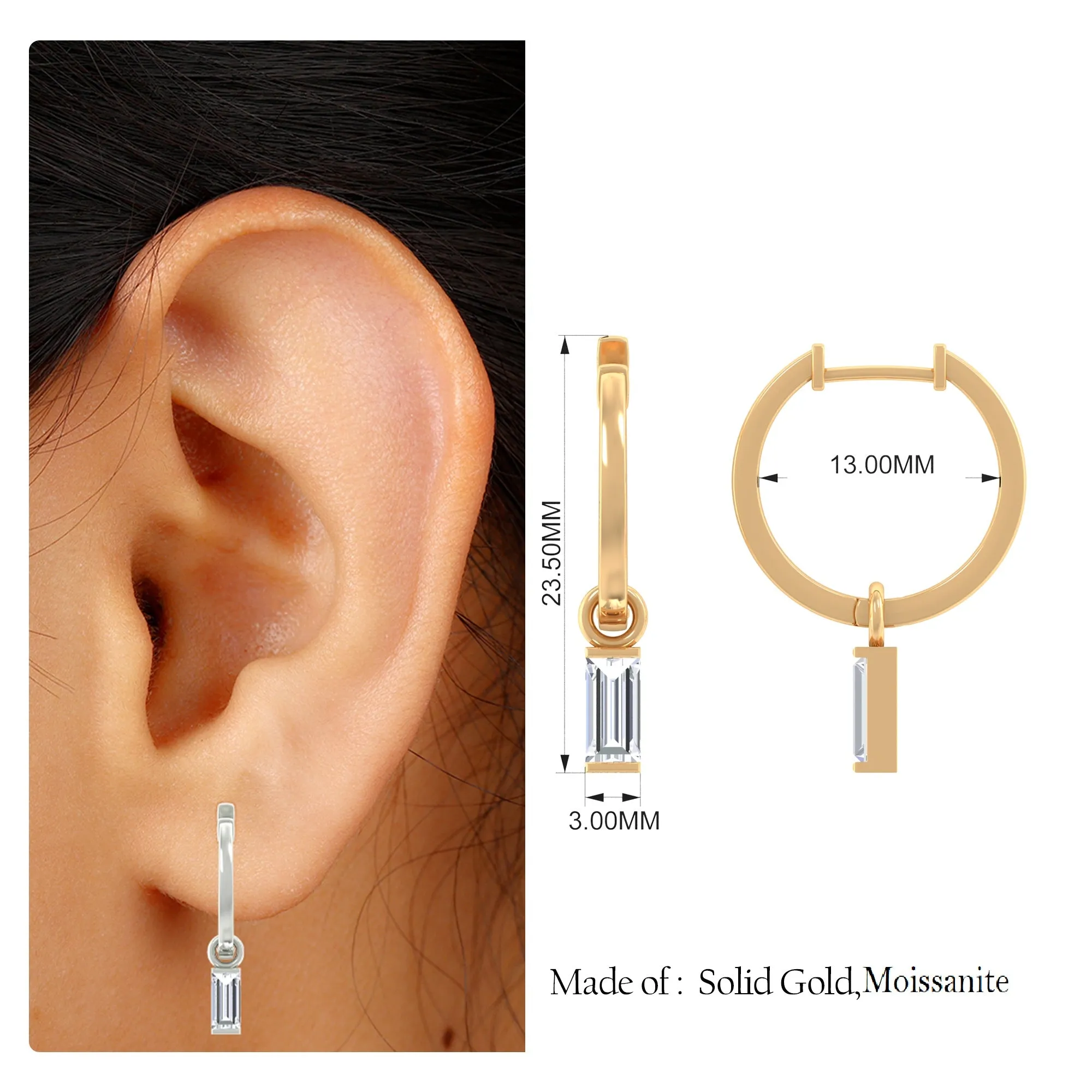 Baguette Moissanite Hoop Dangle Earring for Upper Lobe Piercing