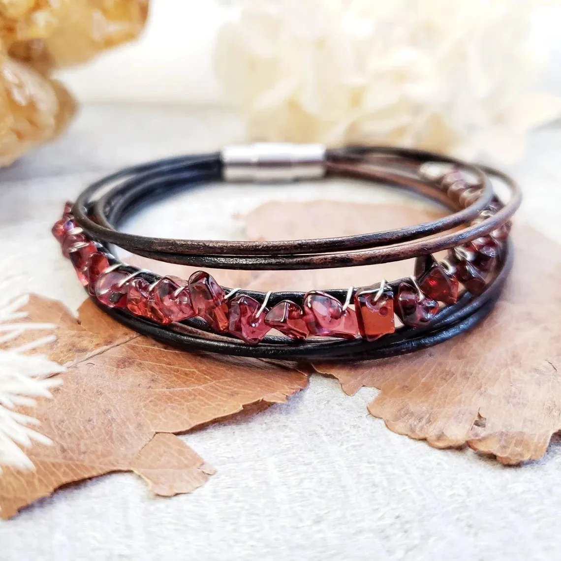 Garnet leather bracelet
