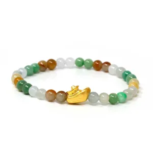 Genuine High-quality Jade Jadeite Bracelet Bangle with 24k Yellow Gold Boat Charm Colorful  #416