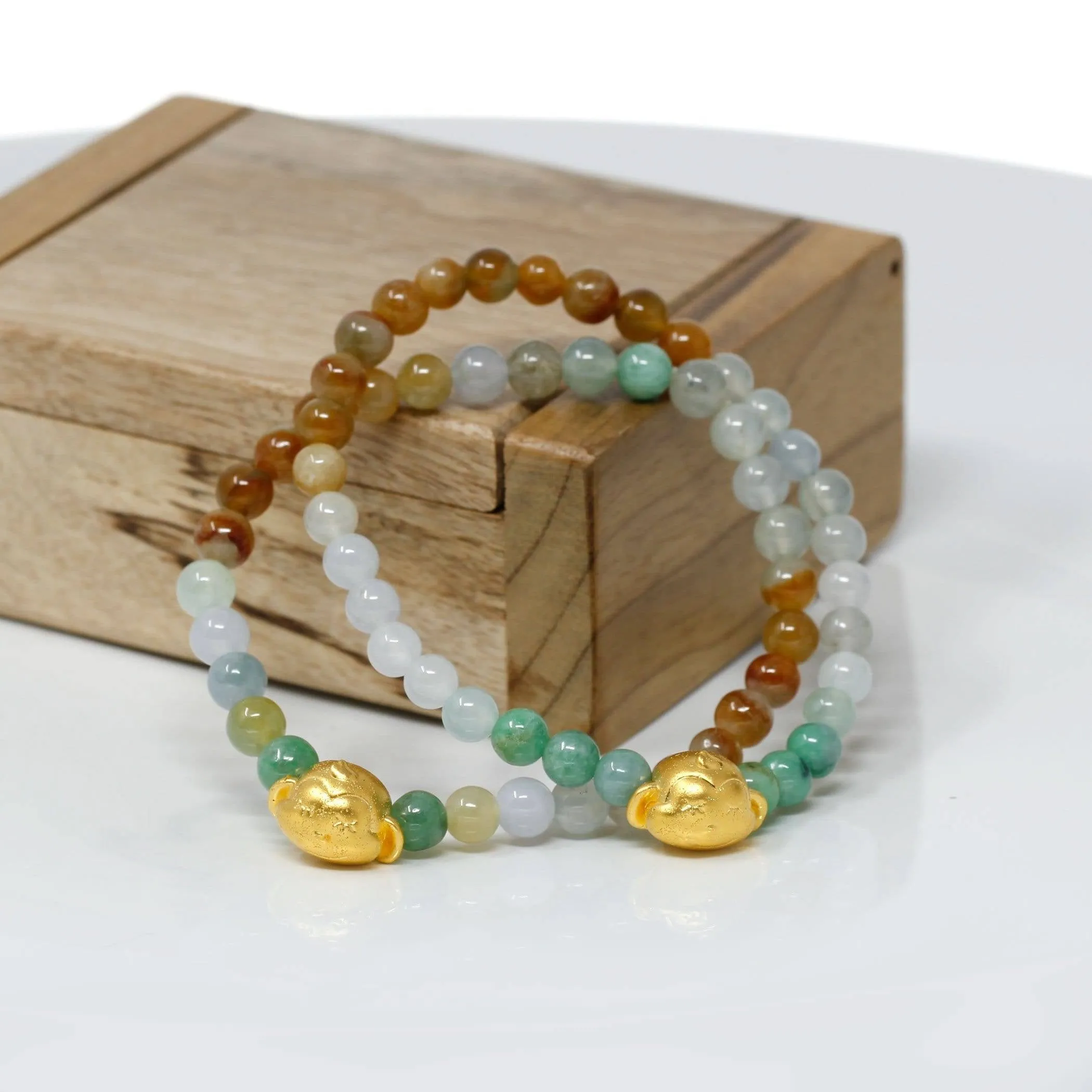 Genuine High-quality Jade Jadeite Bracelet Bangle with 24k Yellow Gold Monkey Charm Colorful  #411