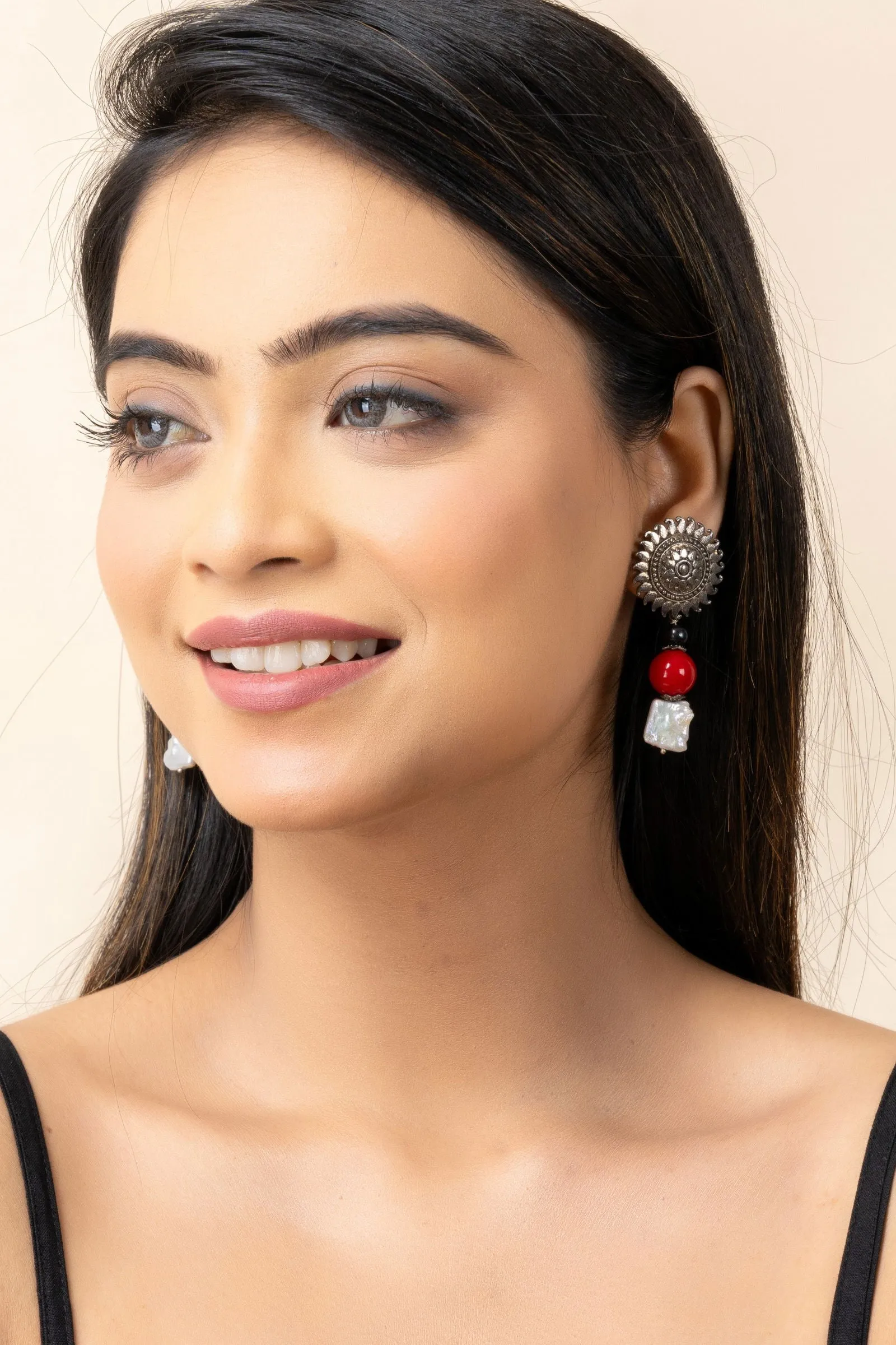 German Silver Floral Stud Semi Precious Baroque Pearl Coral Earrings