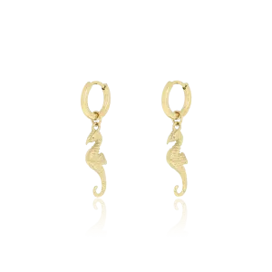 Gold coloured hoop earrings with sea horse charm