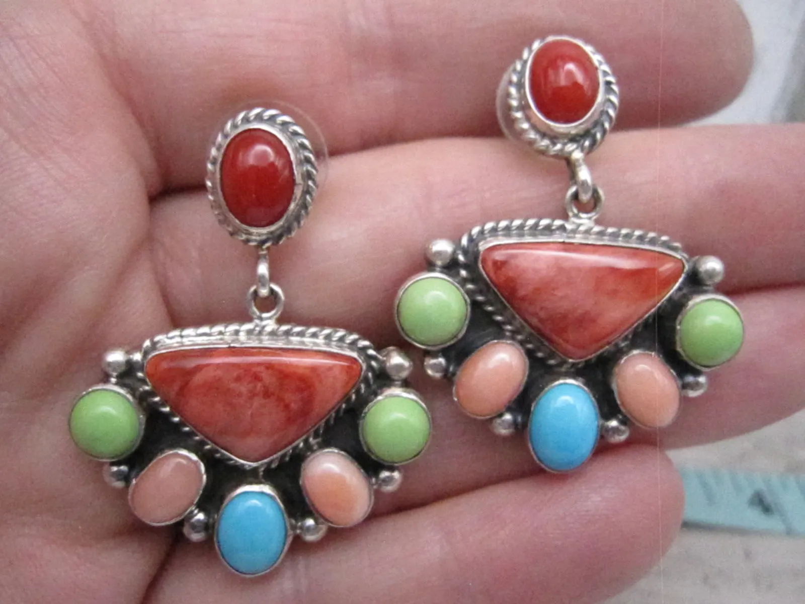 Native American Made Multi Stone/Shell and Sterling Silver Half Cluster Post Back Earrings